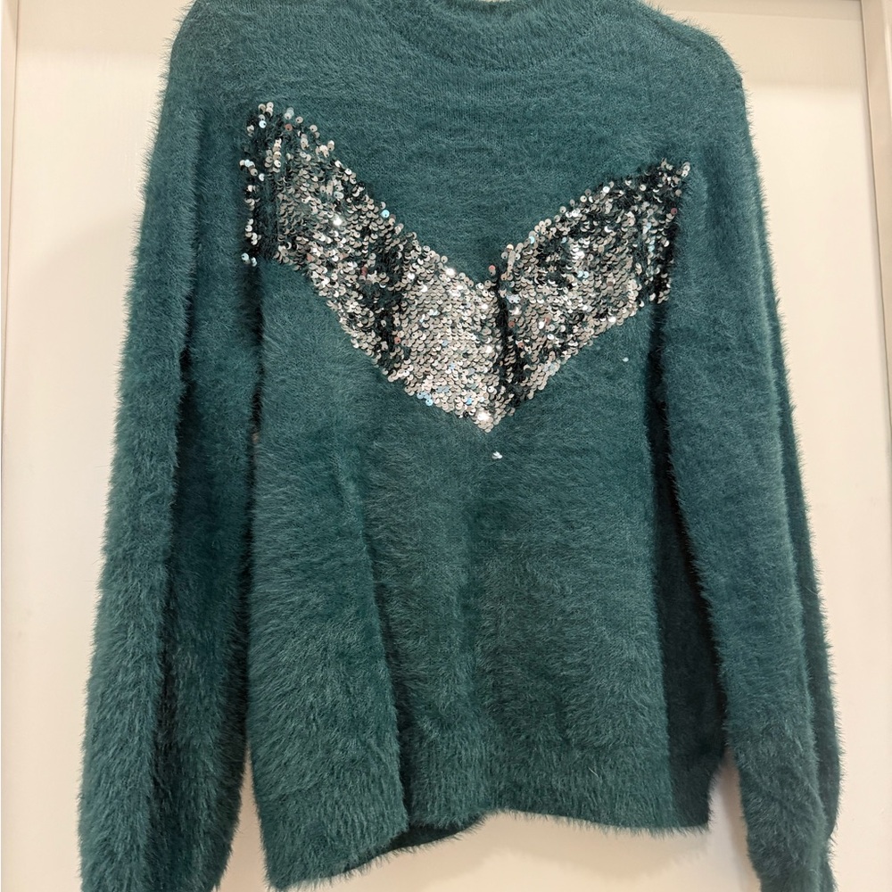 Nine West Teal Sweater with Silver Sequins